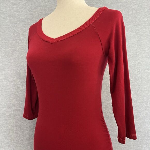 Michael Stars Ruched Bodycon Dress Size S 3/4 Sleeve VNeck Mini Stretch Deep Red - Picture 7 of 12